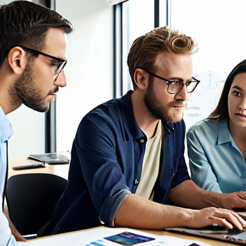 Home 19 **A group of environmental coordinators collaborating on a project in a modern office, reviewing data on laptops and discussing sustainable solutions.** Focus: teamwork, technology, and a proactive approach to environmental management.