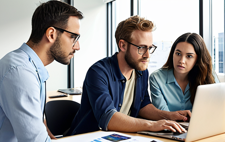 **A group of environmental coordinators collaborating on a project in a modern office, reviewing data on laptops and discussing sustainable solutions.** Focus: teamwork, technology, and a proactive approach to environmental management.