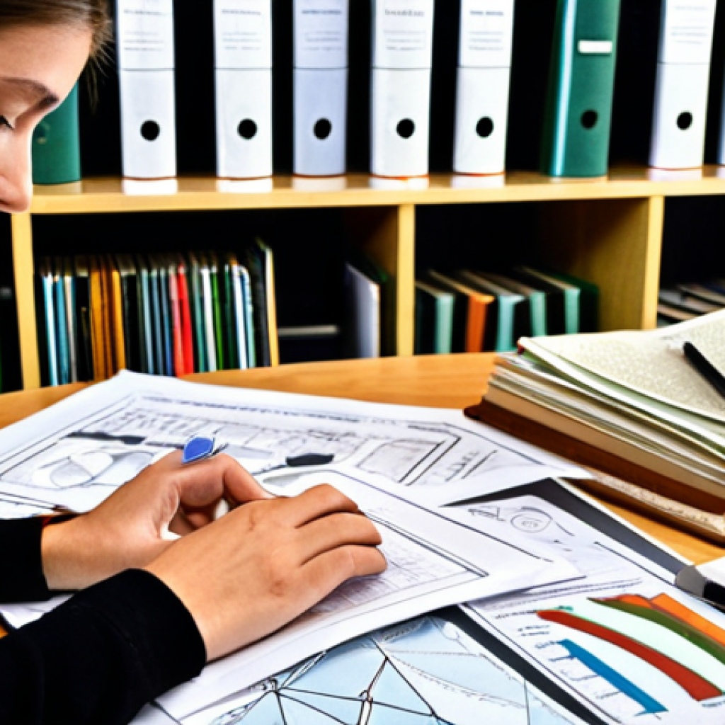 **Environmental Manager Practical Exam Preparation:** A student diligently studying environmental management materials at a desk, surrounded by books, notes, and diagrams illustrating environmental regulations and sustainable practices. Focus on conveying a sense of focused study and preparation.