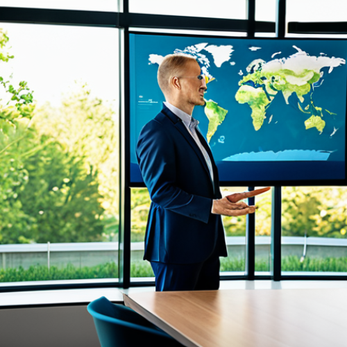 Home 8 A confident, professional sustainability expert, fully clothed in a modest business suit, stands in a modern, sunlit corporate boardroom. The expert is gesturing towards a large digital display showcasing abstract ESG data visualizations and a global sustainability roadmap. The room has large windows with a subtle hint of green landscaping outside, reflecting a commitment to environmental stewardship. The image emphasizes strategic leadership and a forward-thinking approach to business and sustainability. perfect anatomy, correct proportions, natural pose, well-formed hands, proper finger count, natural body proportions, professional photography, high quality, safe for work, appropriate content, fully clothed, professional.