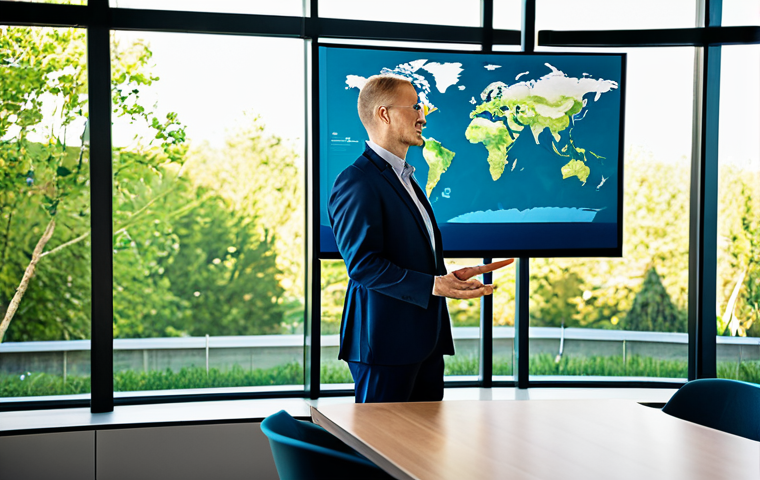 A confident, professional sustainability expert, fully clothed in a modest business suit, stands in a modern, sunlit corporate boardroom. The expert is gesturing towards a large digital display showcasing abstract ESG data visualizations and a global sustainability roadmap. The room has large windows with a subtle hint of green landscaping outside, reflecting a commitment to environmental stewardship. The image emphasizes strategic leadership and a forward-thinking approach to business and sustainability. perfect anatomy, correct proportions, natural pose, well-formed hands, proper finger count, natural body proportions, professional photography, high quality, safe for work, appropriate content, fully clothed, professional.